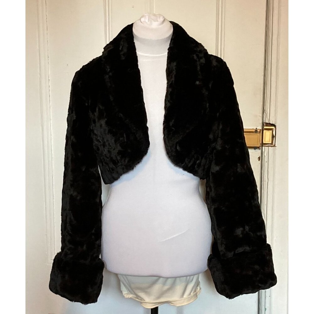 William B Jet Black Faux Fur Shrug, Big Cuffs, Size M, Flawed Lining